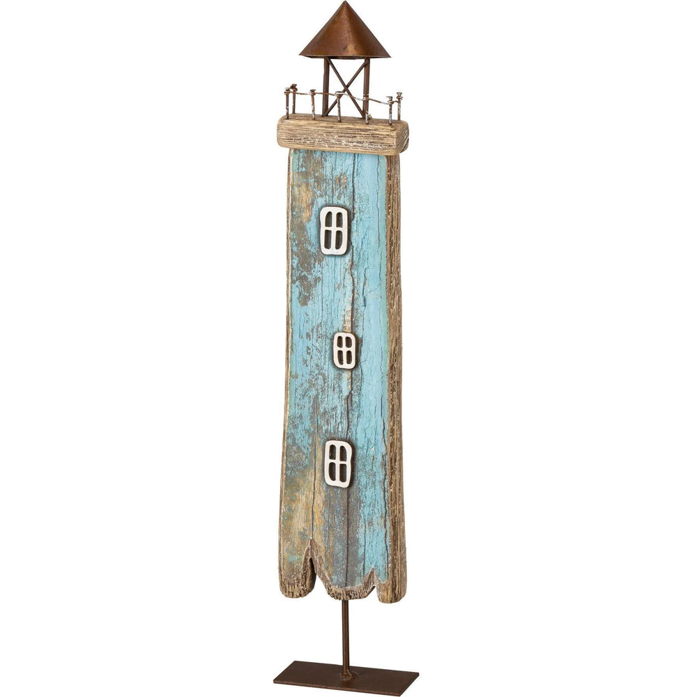 Decorative lighthouse sculpture with a distressed wood finish on a white background