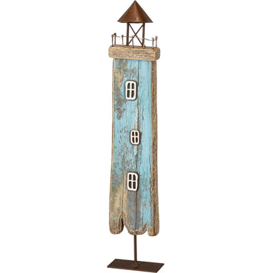 Decorative lighthouse sculpture with a distressed wood finish on a white background