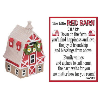 Decorative red and white barn charm with text on a white background