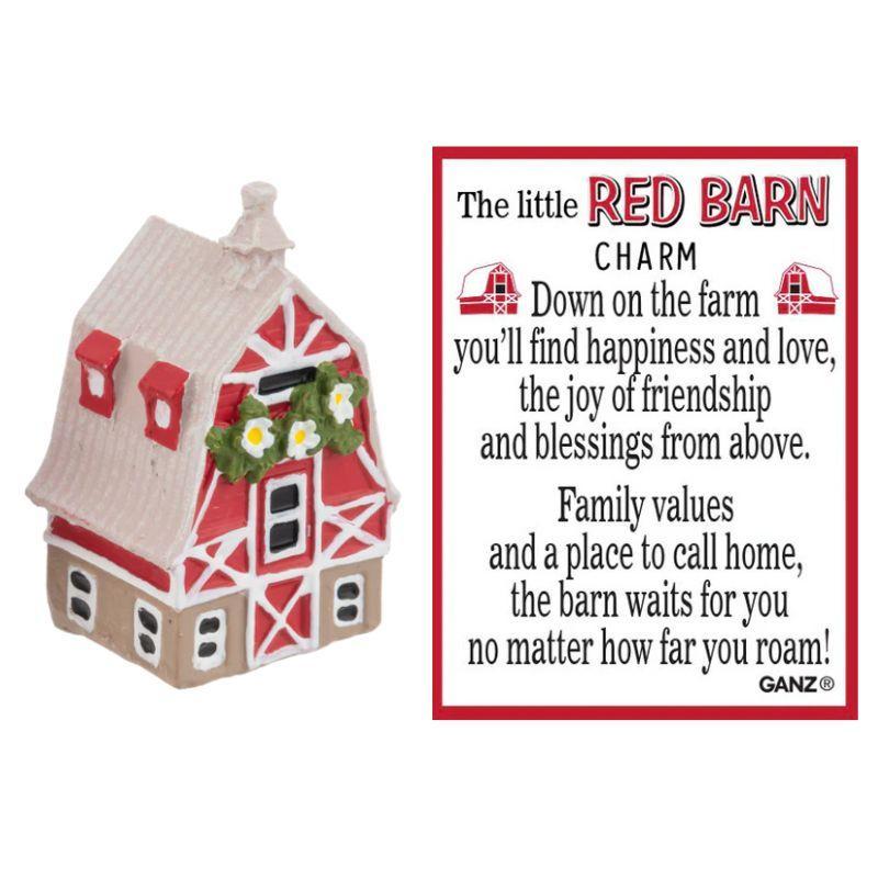 Decorative red and white barn charm with text on a white background