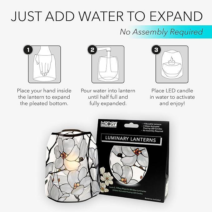 Luminary lantern with packaging and assembly instructions on a white background