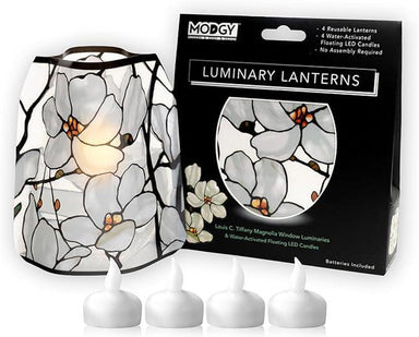 Modgy Luminary Lanterns with packaging and candles on a white background