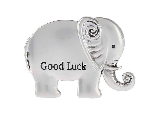Silver elephant figurine with 'Good Luck' text on a white background