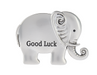 Silver elephant figurine with 'Good Luck' text on a white background
