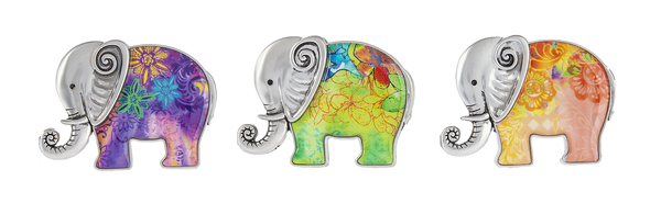 Three colorful elephant-shaped pins with silver accents on a white background