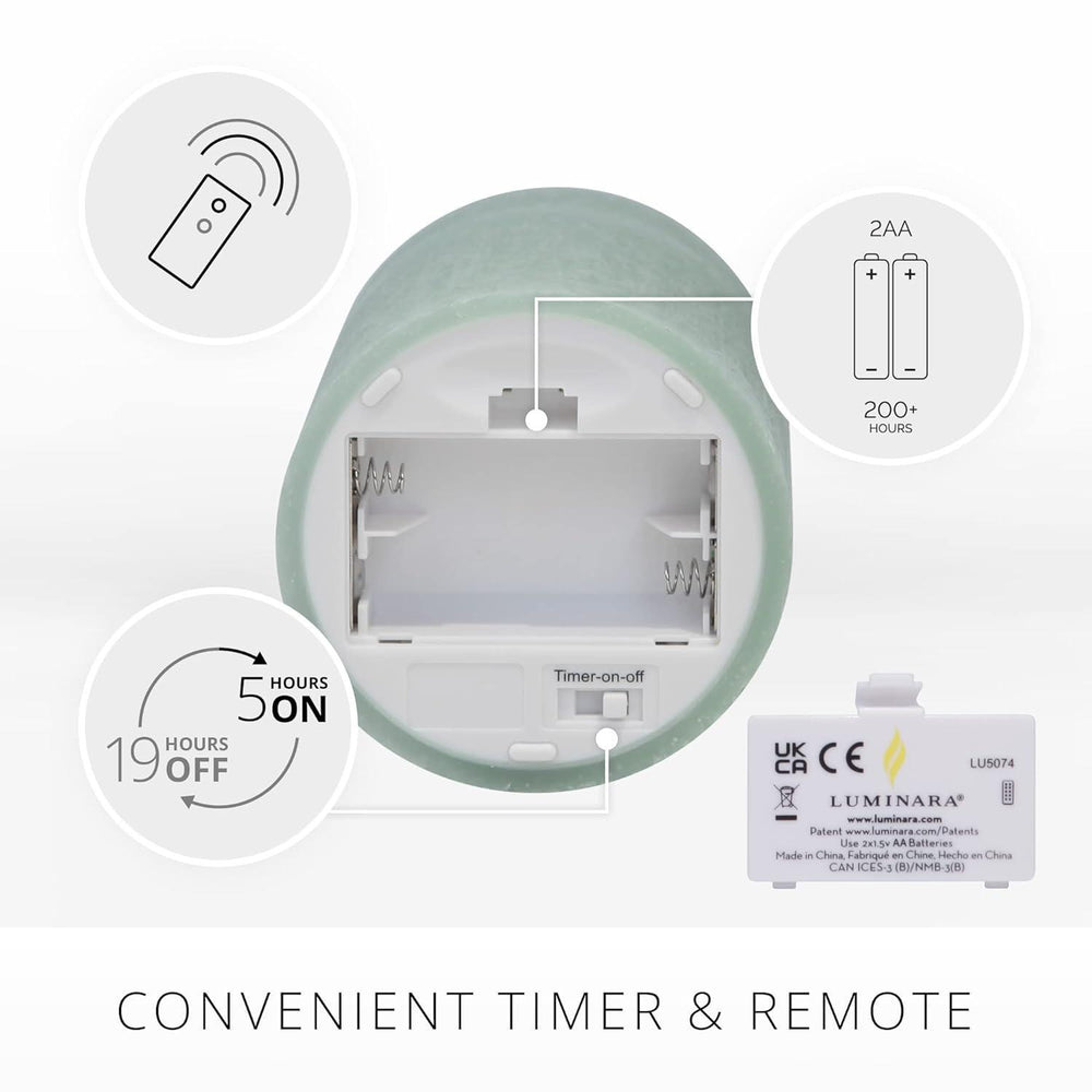 Luminara light fixture with timer and remote control features on a white background