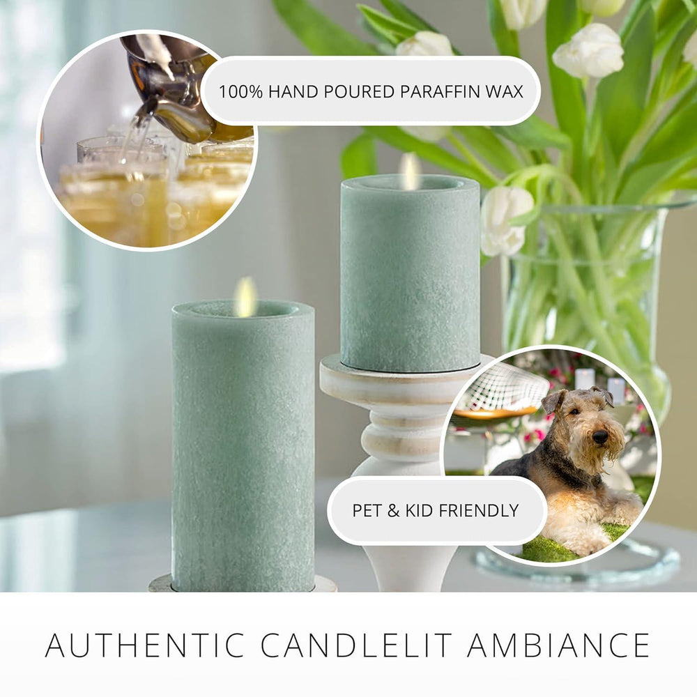 Two green candles on a table with a dog and close-up of pouring wax, surrounded by flowers.