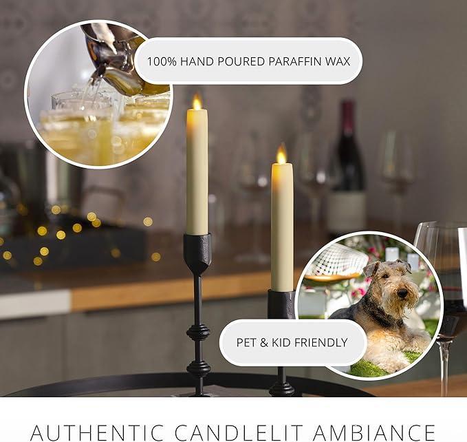 Candle holder with candles on a table, surrounded by wine glasses and a dog, with text about paraffin wax and pet safety.