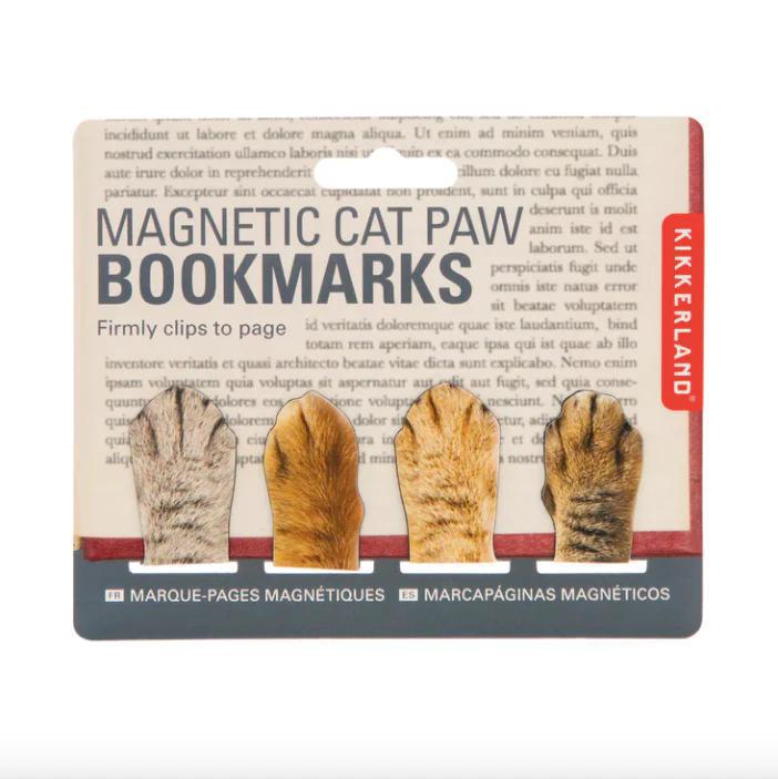 Packaging of magnetic cat paw bookmarks with Kikkerland branding.