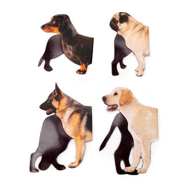Four dog figures in different breeds on a white background