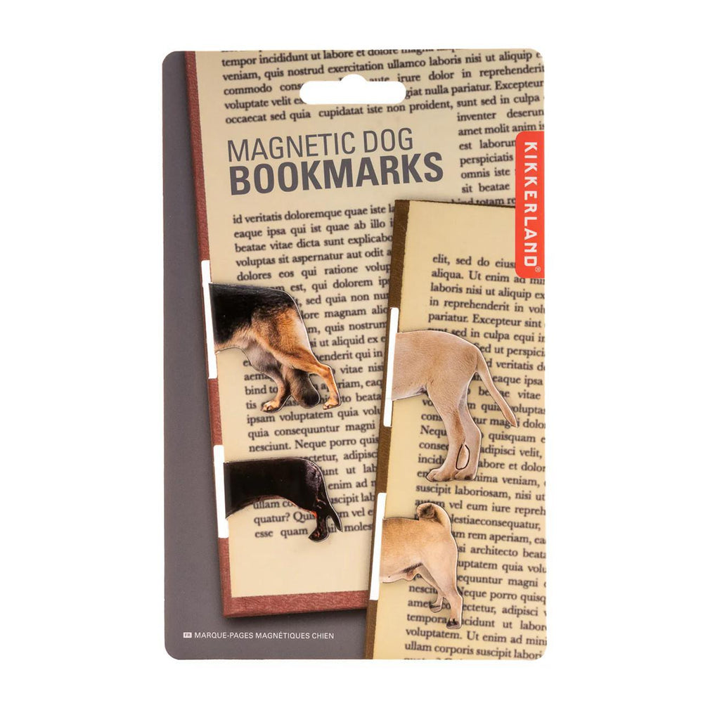Set of magnetic dog bookmarks with packaging featuring text and images of dogs.