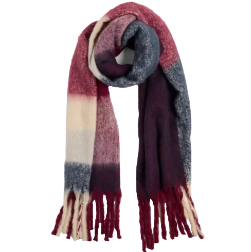 A soft, fuzzy scarf with a plaid pattern in burgundy, navy blue, and cream, finished with fringed ends, shown against a light gray background.