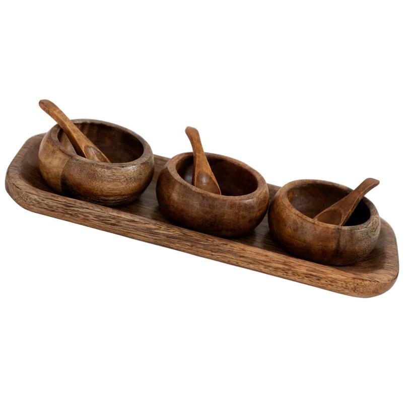Mango Wood Tray with 3 Spice Bowls with Spoons