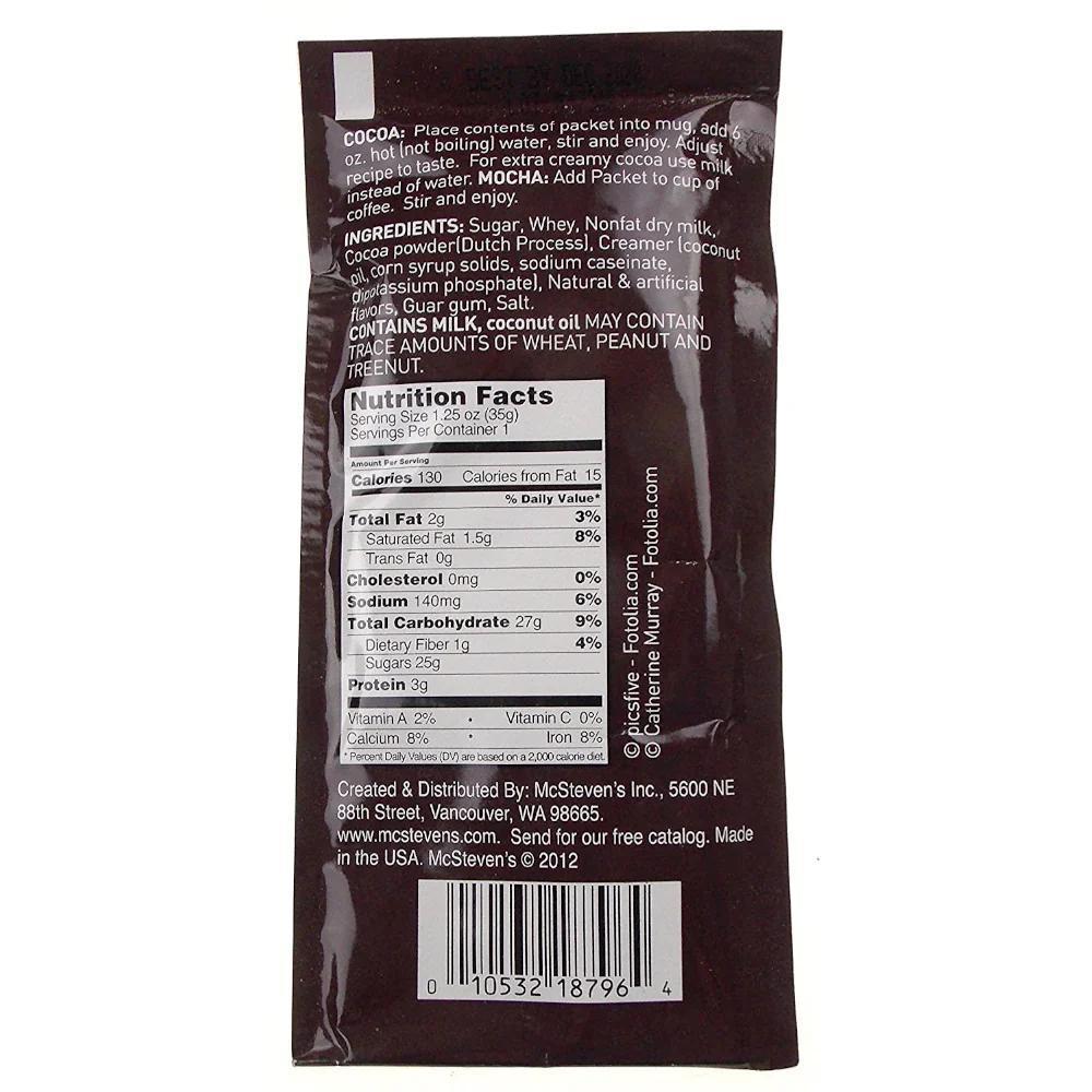 Back of a McSteven's cocoa pouch with nutrition facts and ingredients listed.