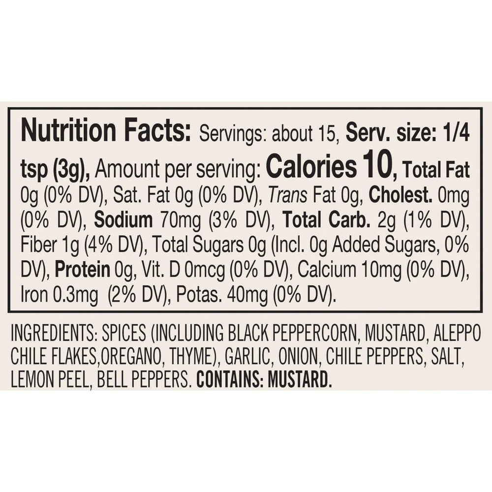 Nutrition facts label for a spice blend with detailed nutritional information and ingredient list.