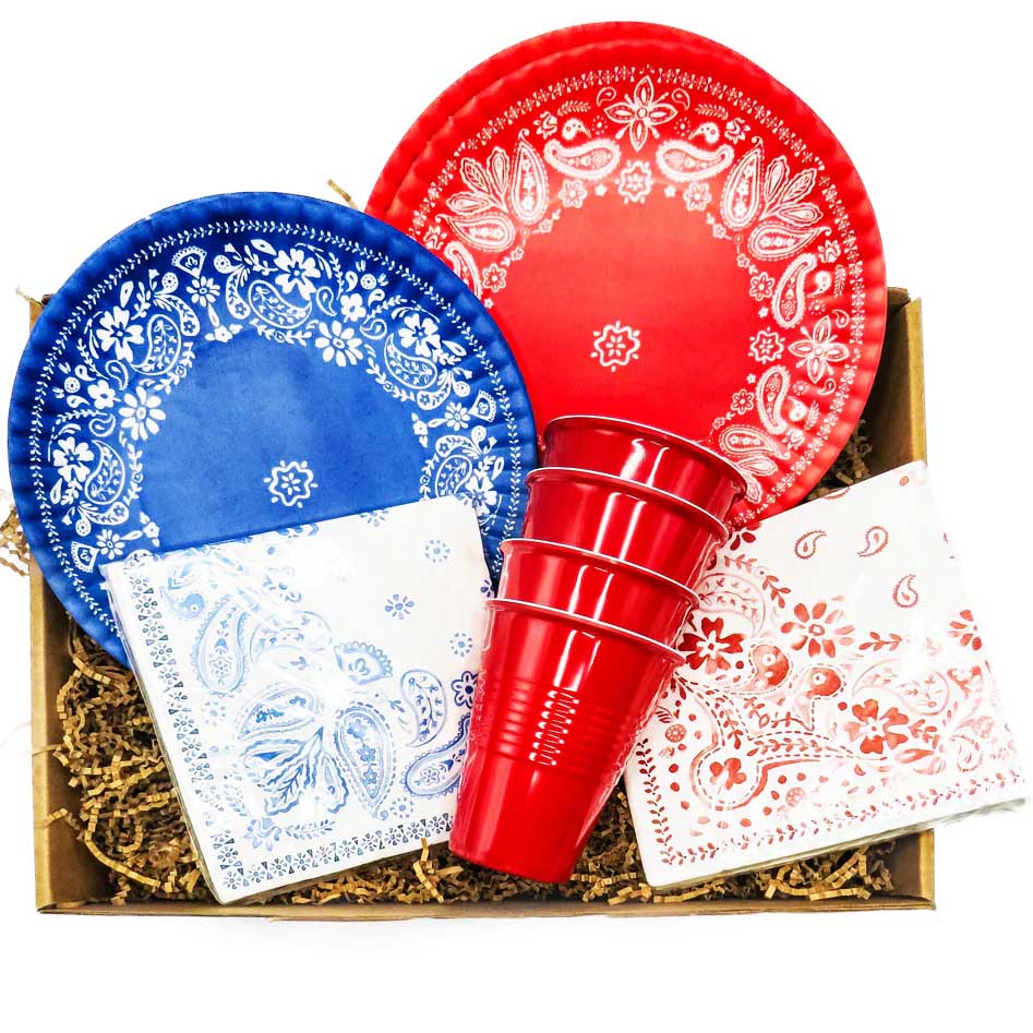 Stylish and Durable Picnic Set in a box containing 2 blue and 2 red melamine bandana design plates, a set of 4 red solo cups, a blue bandana design napkin package and a red bandana design napkin package 