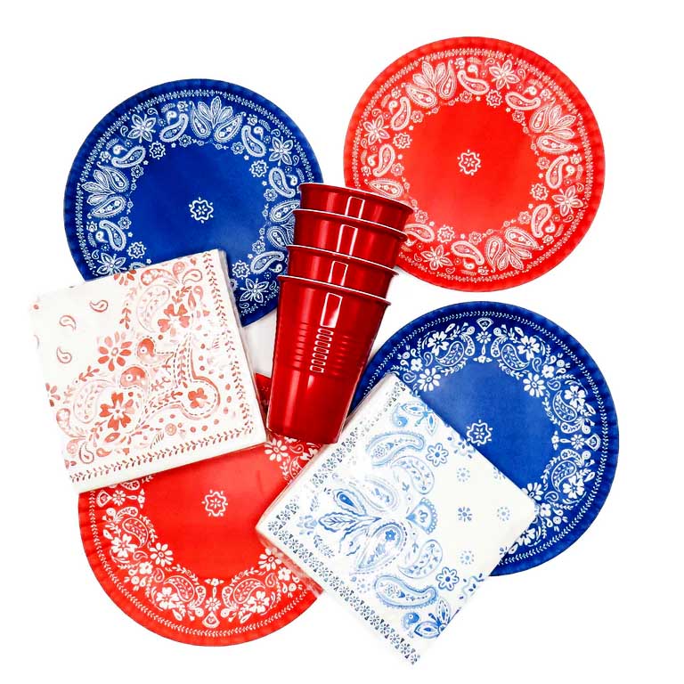 the photo of 2 blue and 2 red melamine bandana design plates, a set of 4 red solo cups, a blue bandana design napkin package and a red bandana design napkin package