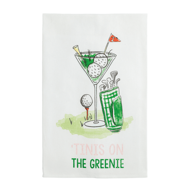 Greeting card with golf-themed illustration of a cocktail and golf balls on a white background.