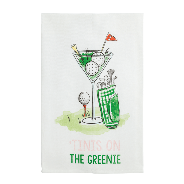 Greeting card with golf-themed illustration of a cocktail and golf balls on a white background.