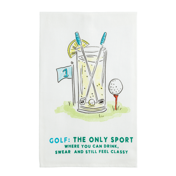 Greeting card with a glass of lemonade, golf club, and tee on a white background with text 'Golf: The only sport where you can drink, swear and still feel classy'.