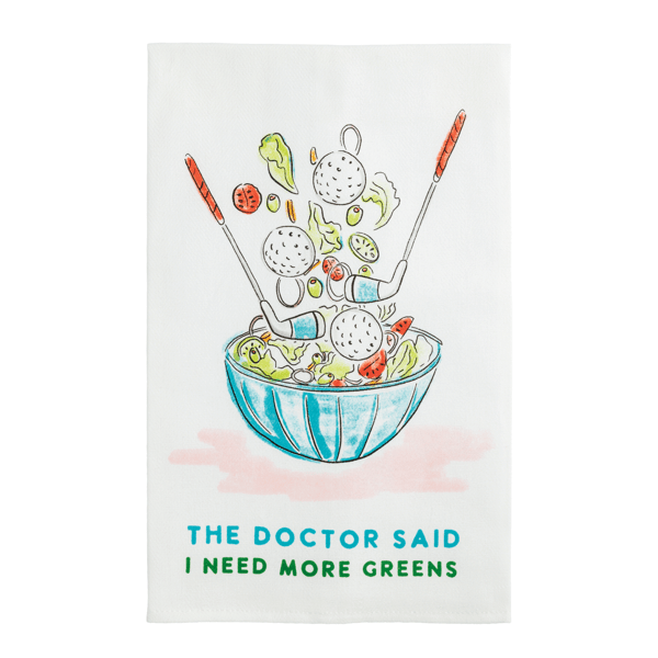 Illustration of a salad with golf-themed elements and text 'The doctor said I need more greens' on a white background.