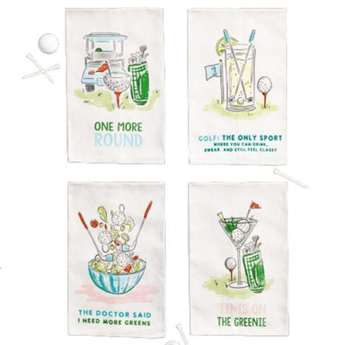 Four golf-themed kitchen towels with humorous sayings and graphics.