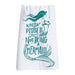 White towel with teal mermaid design and text on a white background
