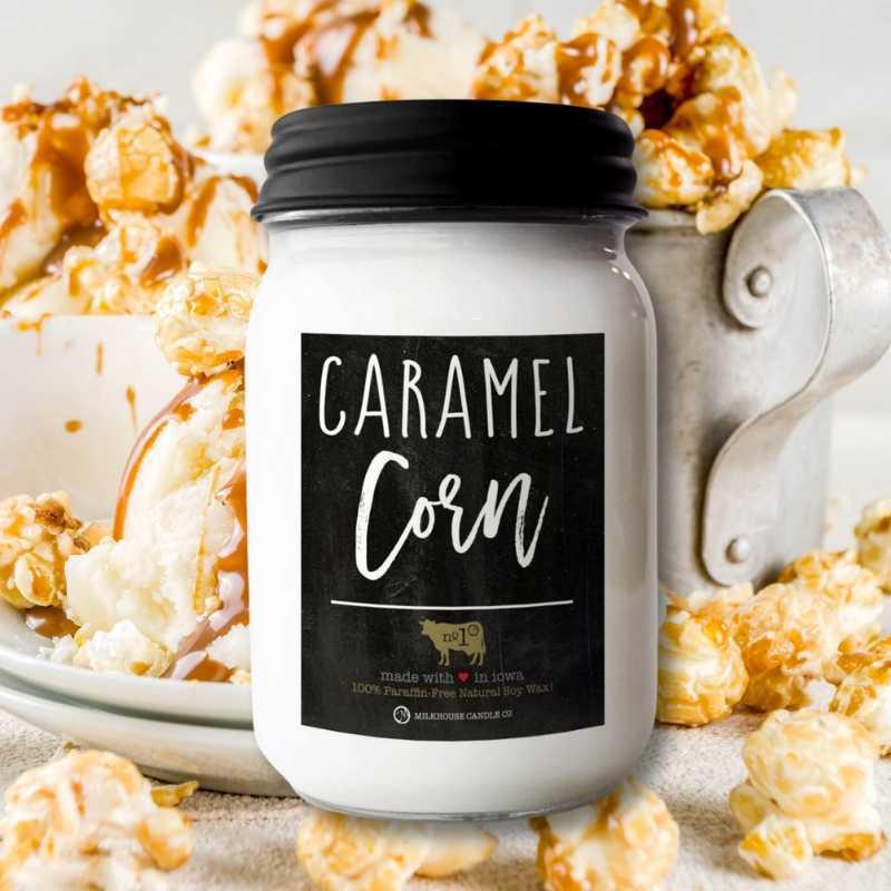 Milkhouse Caramel Corn scented candle with a caramel popcorn and vanilla icecream image on the back