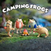 Toy frogs dressed as campers around a campfire with 'Camping Frogs' text above.