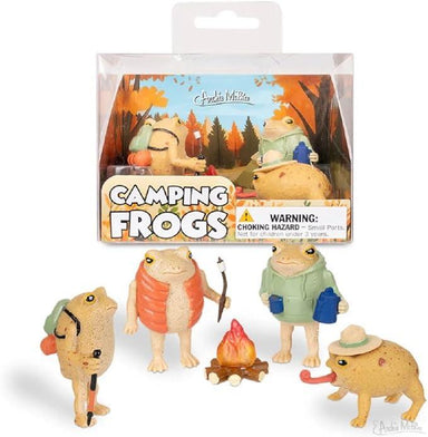 Set of camping frog figurines with packaging labeled 'Camping Frogs' on a white background.