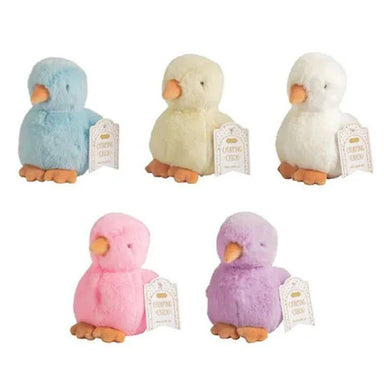 Set of five small plush ducks in different colors with price tags on a white background