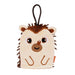 Plush hedgehog toy with a rope on a white background