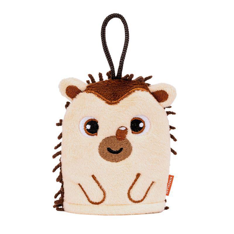 Plush hedgehog toy with a rope on a white background