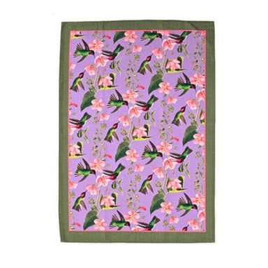 Tea towel with hummingbird and floral pattern on a purple background