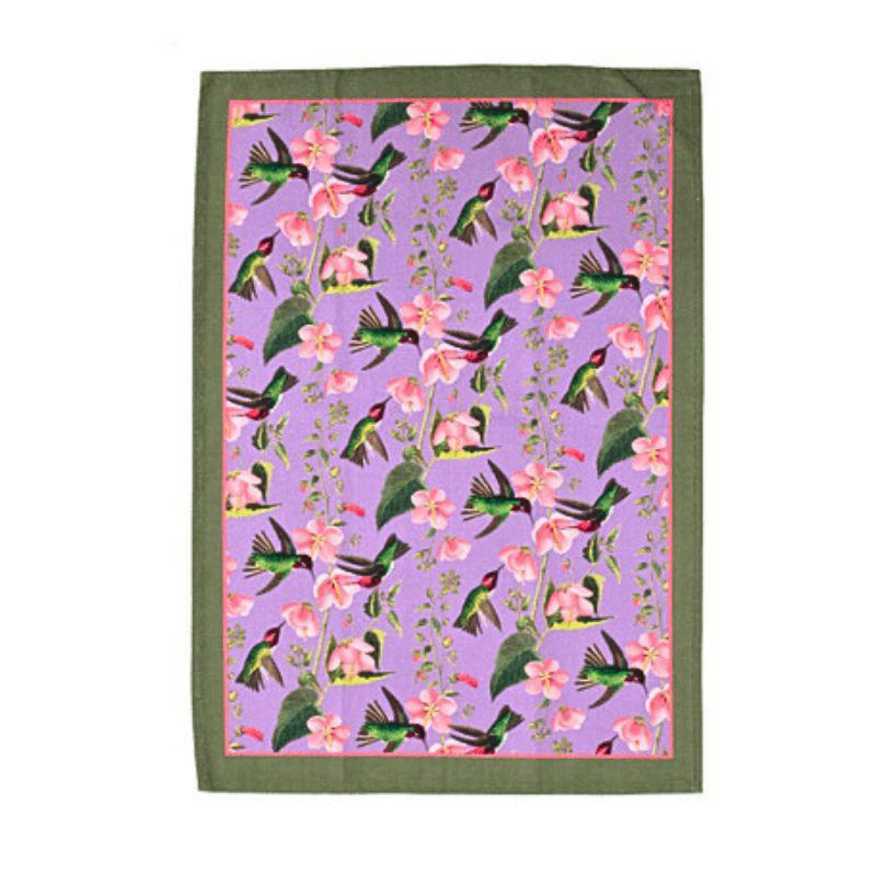 Tea towel with hummingbird and floral pattern on a purple background