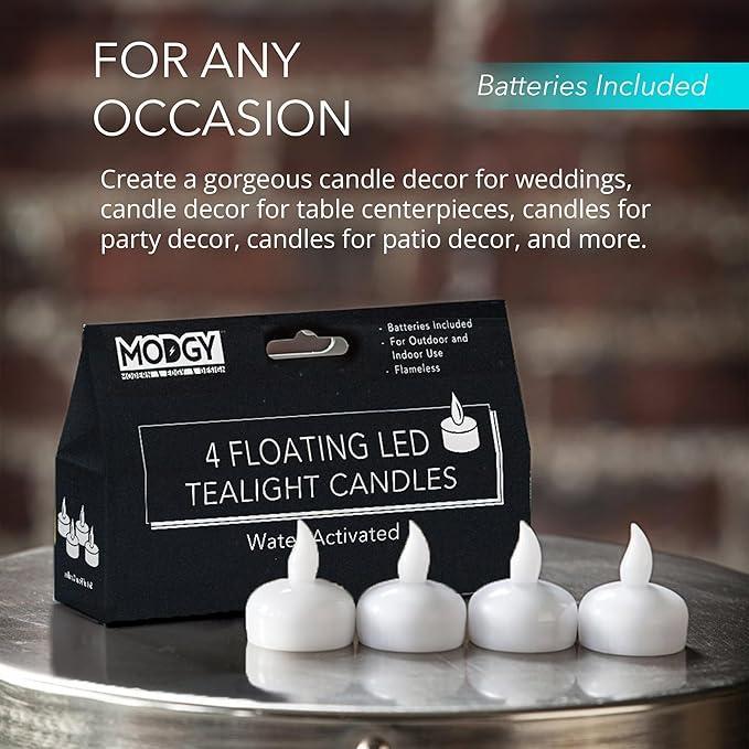 Box of 4 floating LED tealight candles with text on occasion use and battery inclusion.