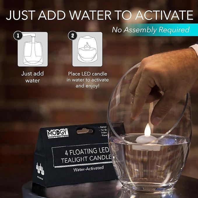 MODGY floating LED tealight candle with packaging and instructions on water activation.