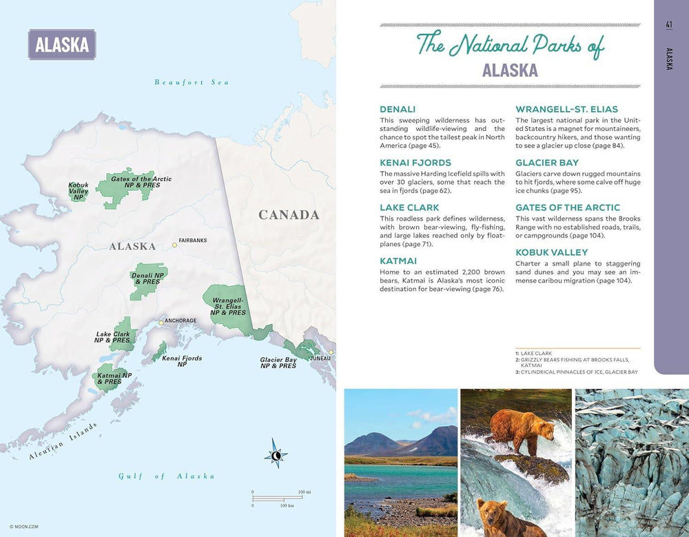 Map and information about national parks in Alaska with scenic images.