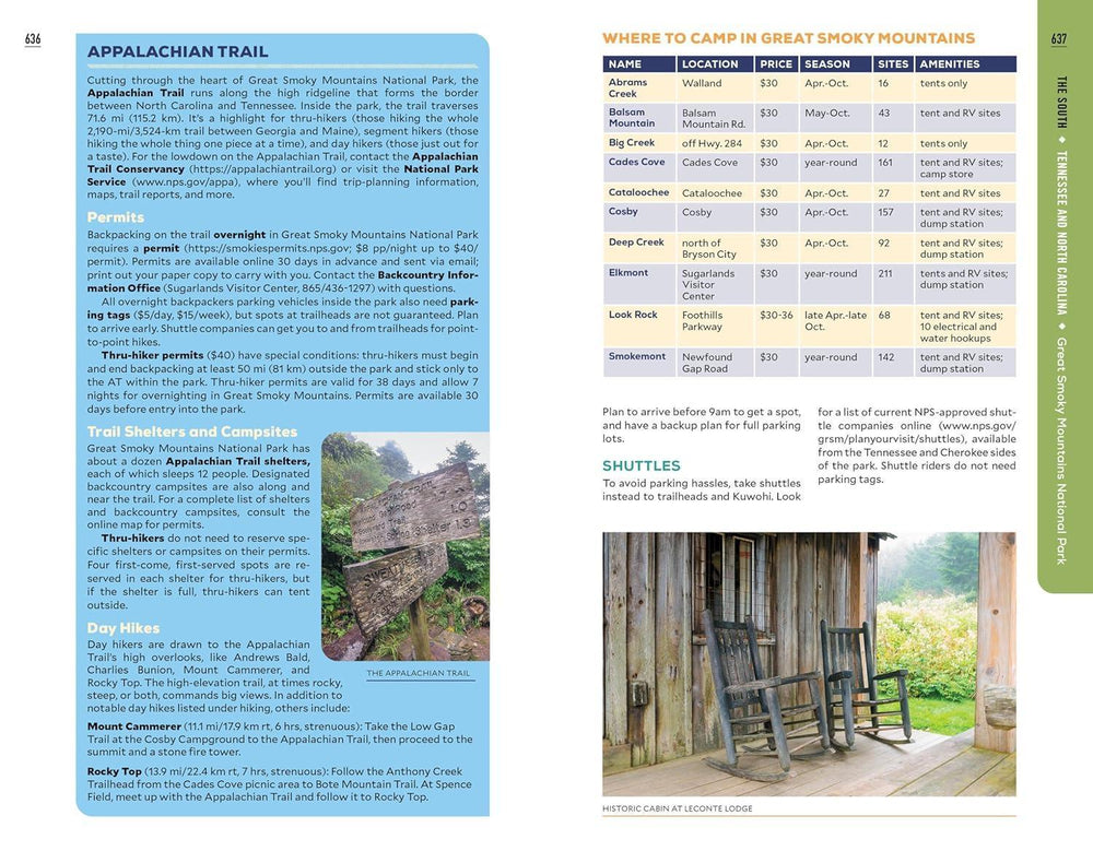 Page from a guidebook about the Appalachian Trail with text, images of trail signs and a cabin.