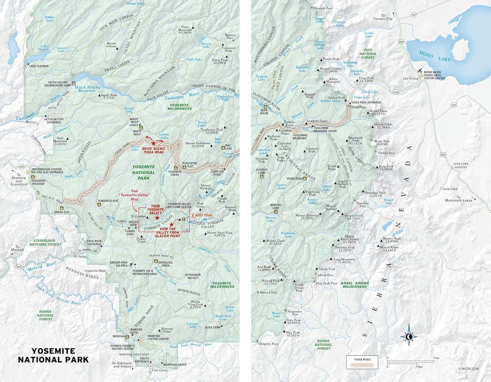 Map of Yosemite National Park with various trails and landmarks labeled.