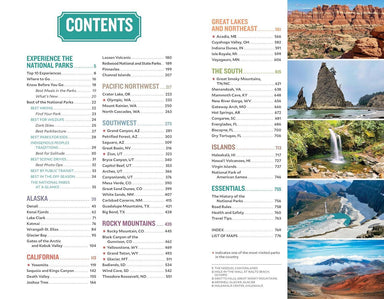 Table of contents for a travel guidebook with national park images on a white background
