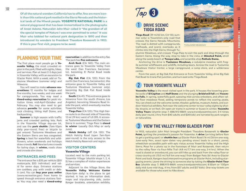 Page from a travel guidebook featuring Yosemite National Park with scenic descriptions and visitor information.