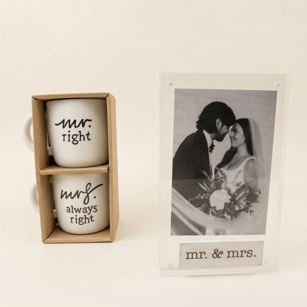 Two mugs with 'mr. right' and 'mrs.