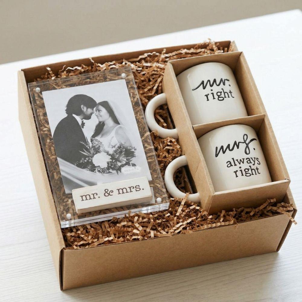 Gift set with two mugs and a photo frame in a box, featuring 'mr. right' and 'mrs. always right' text.