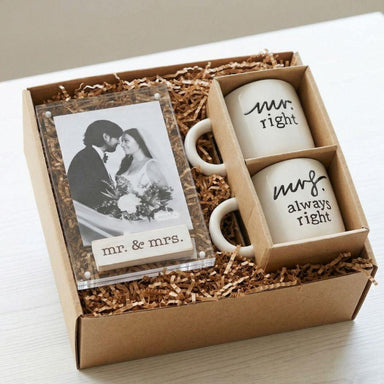 Gift set with two mugs and a photo frame in a box, featuring 'mr. right' and 'mrs. always right' text.
