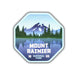 An octagonal sticker or patch featuring a scenic illustration of Mount Rainier National Park, with a mountain, pine trees, and a lake reflection. The text reads 'MOUNT RAINIER', '18 NATIONAL PARK', and '99' in white lettering on a blue-toned background.