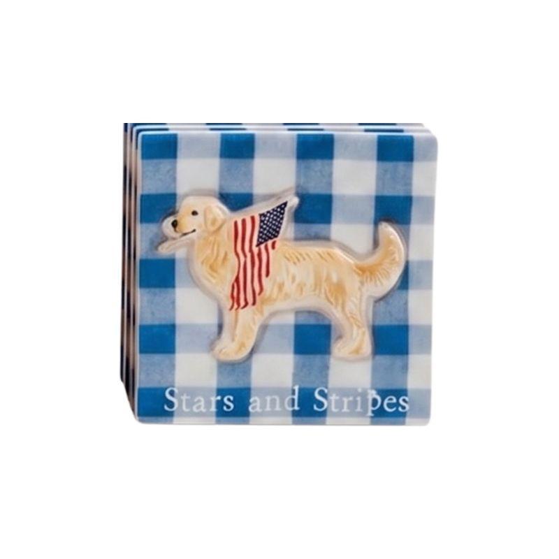 Napkins with a dog illustration wearing an American flag on a blue and white checkered background
