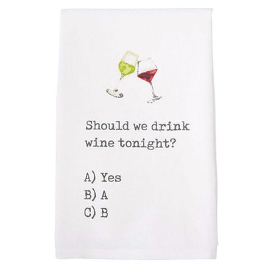 White towel with wine glass illustrations and text on a white background