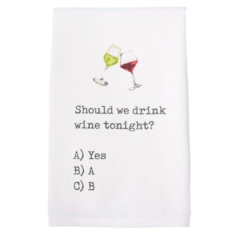 White towel with wine glass illustrations and text on a white background