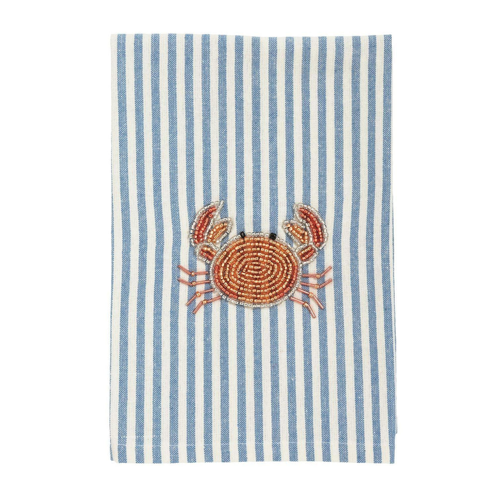A square kitchen towel with vertical light blue and white stripes, featuring an embroidered orange and red crab in the center, shown flat against a white background.